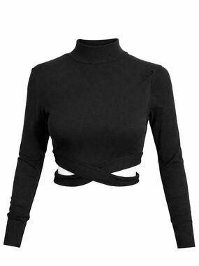 Black Ribbed Mock Neck Long Sleeve Wrap Crop Top Cutout | SIZE MEDIUM